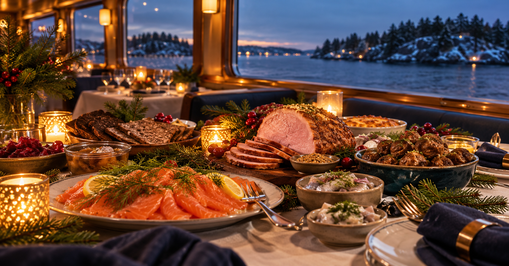 Company group enjoying a Christmas cruise through the Stockholm archipelago in winter