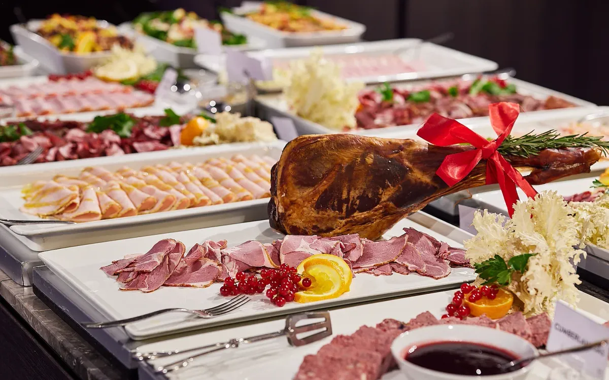 Christmas table setting on board with winter views over the Stockholm archipelago