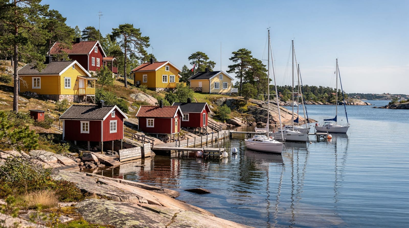 Colourful wooden houses and sailboats along the rocky shore in Vaxholm