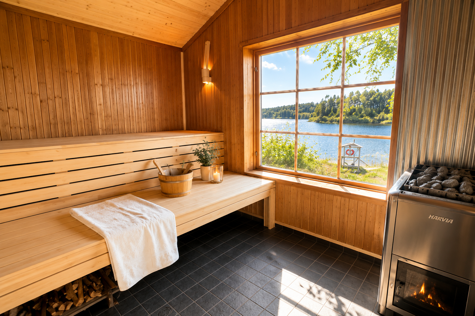 Wood-panelled sauna with benches, a stove and a large window facing the water at Sauna & Pool
