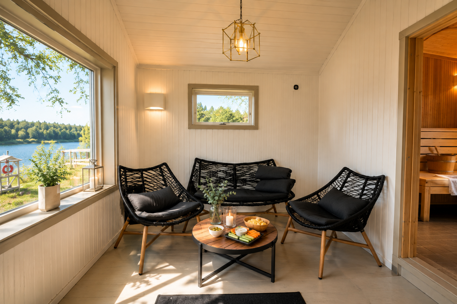Relaxation room with black wicker chairs and a water view at Sauna & Pool
