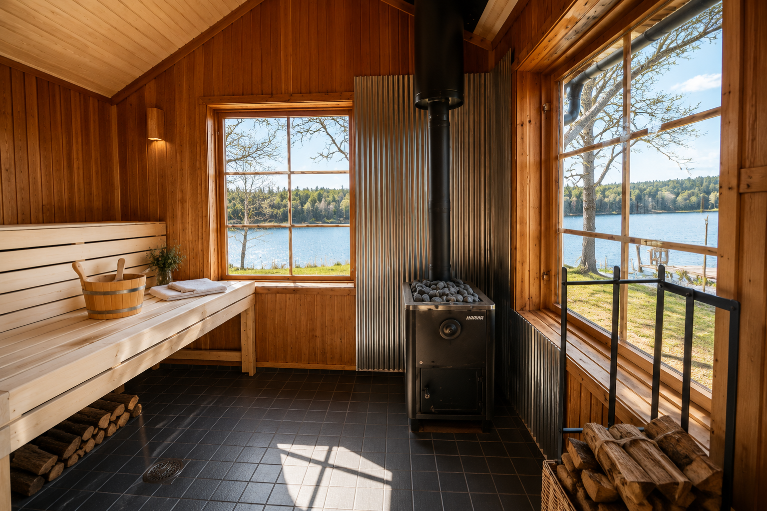 Sauna interior with wooden benches, a wood-burning stove and windows overlooking the water