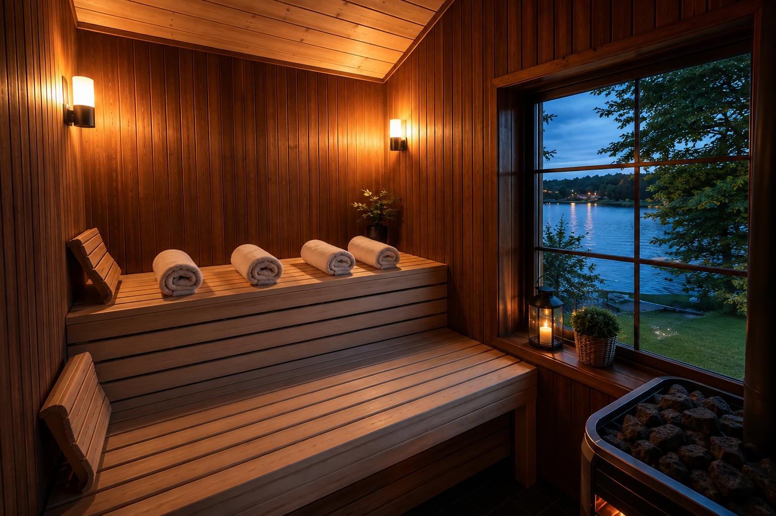 Warmly lit sauna with rolled towels on wooden benches and a window onto the water at dusk