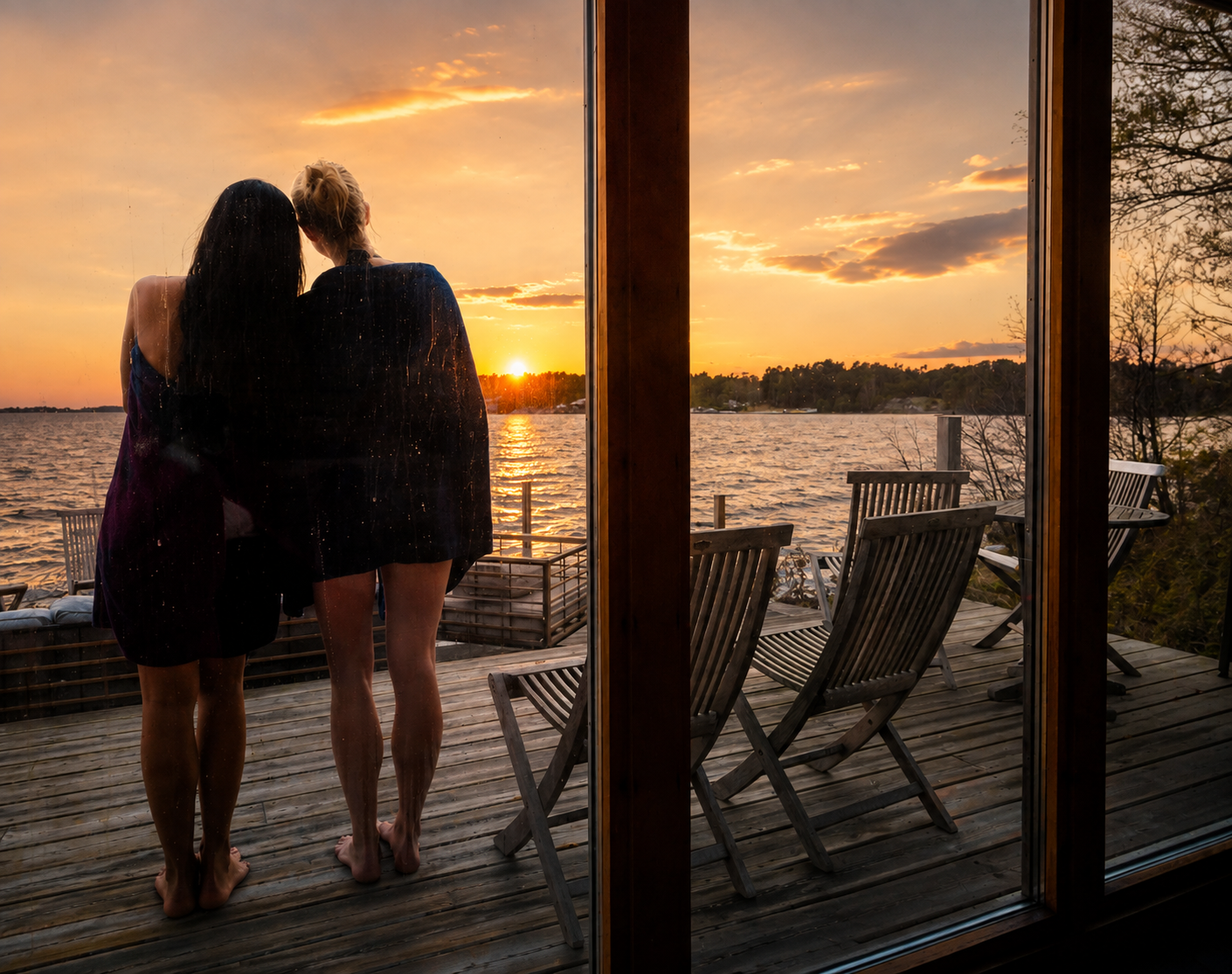 Two guests watching the sunset over the sea from the Sauna Panorama deck