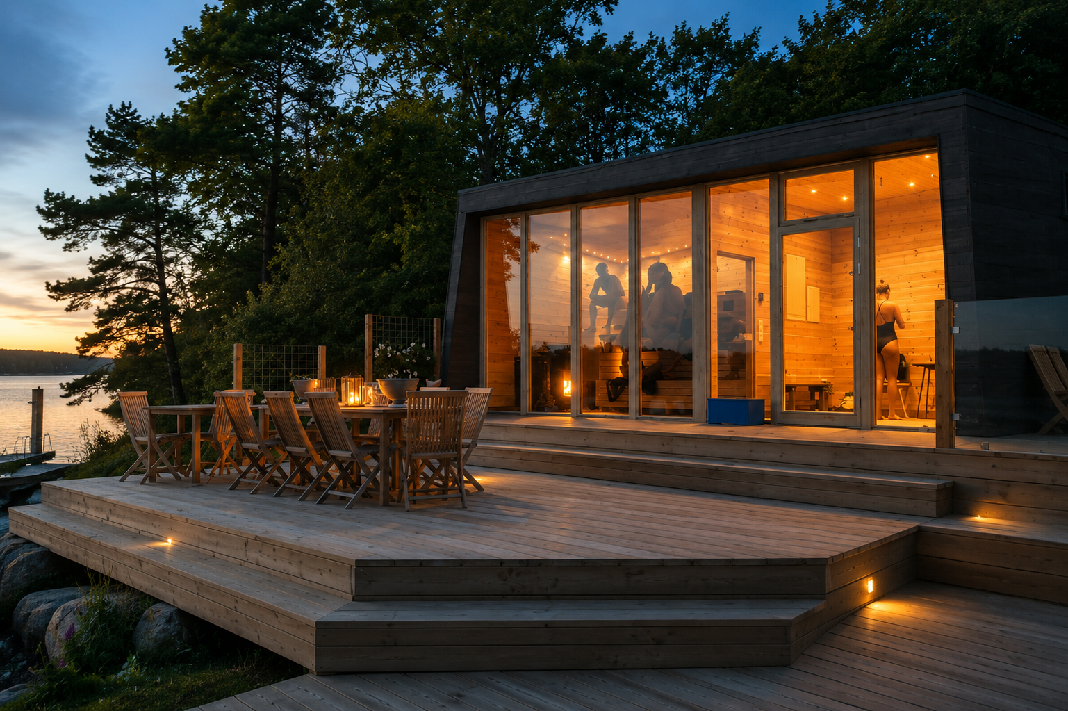 Sauna Panorama, a glass-fronted sauna with a large wooden deck at sunset on Idöborg