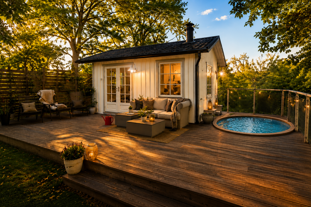 Sauna cabin with a wooden deck, lounge furniture and a round outdoor pool at Sauna & Pool in Vaxholm