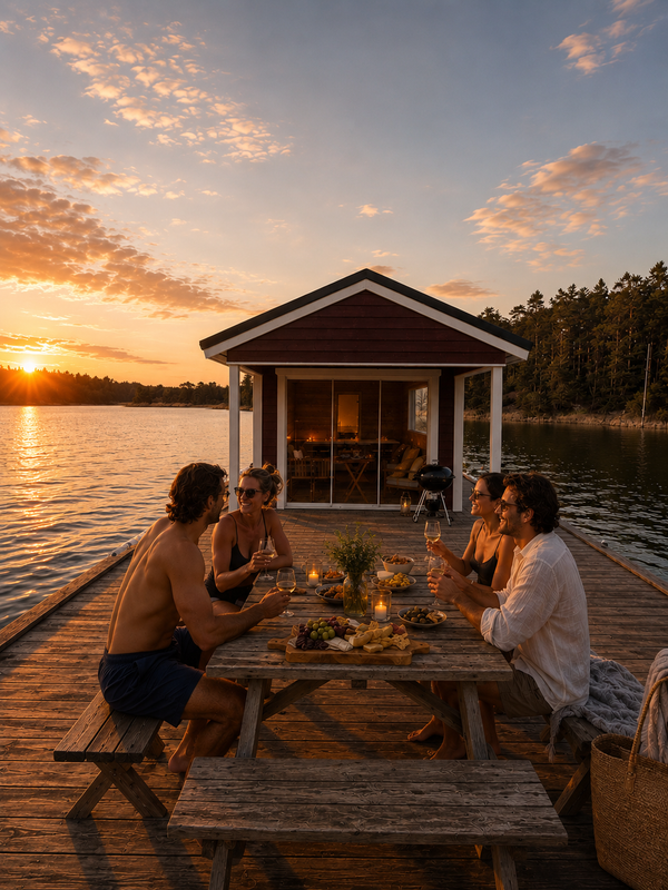 Friends sharing food at a picnic table on the deck of The Floating Sauna