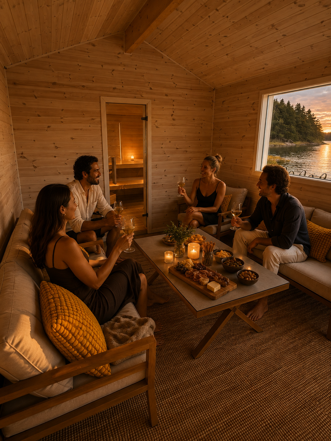 Friends relaxing in the lounge of The Floating Sauna with candles and snacks