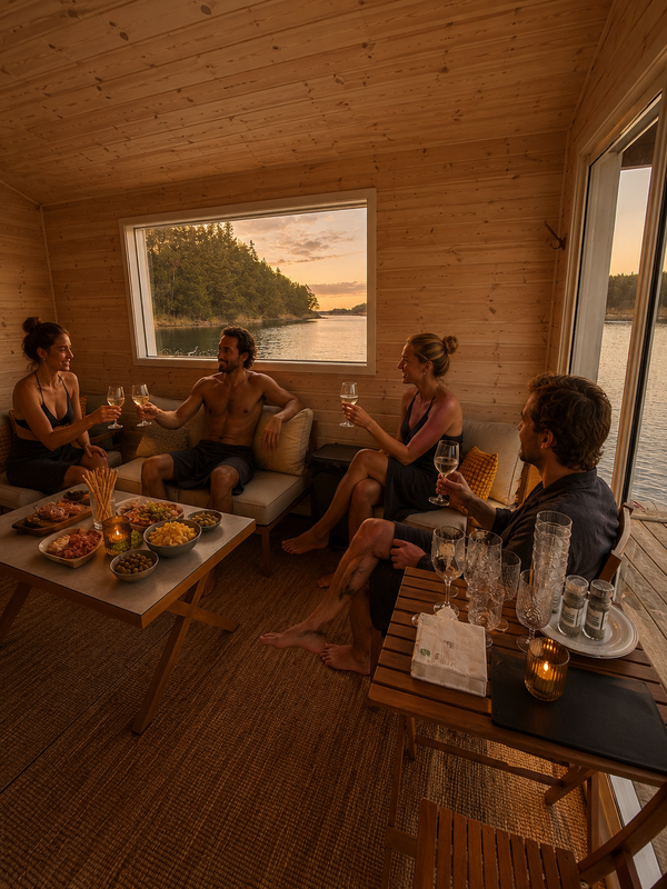 Guests sharing drinks and food in the wood-panelled lounge of The Floating Sauna
