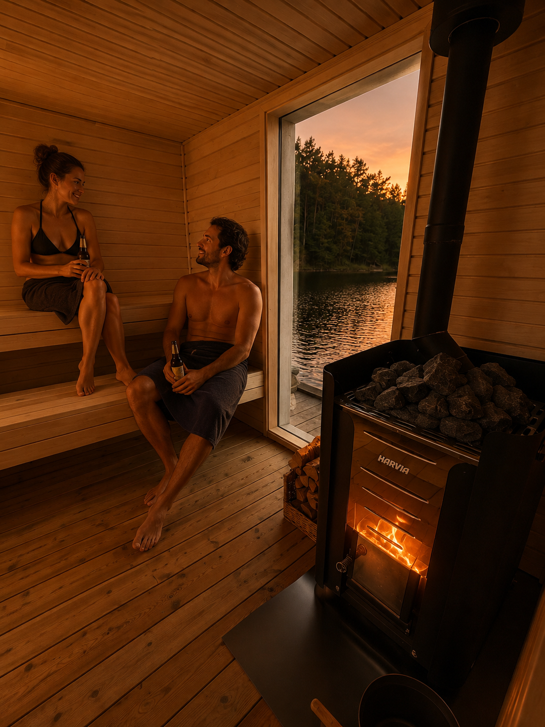 Two guests in the sauna room of The Floating Sauna beside a wood-burning stove