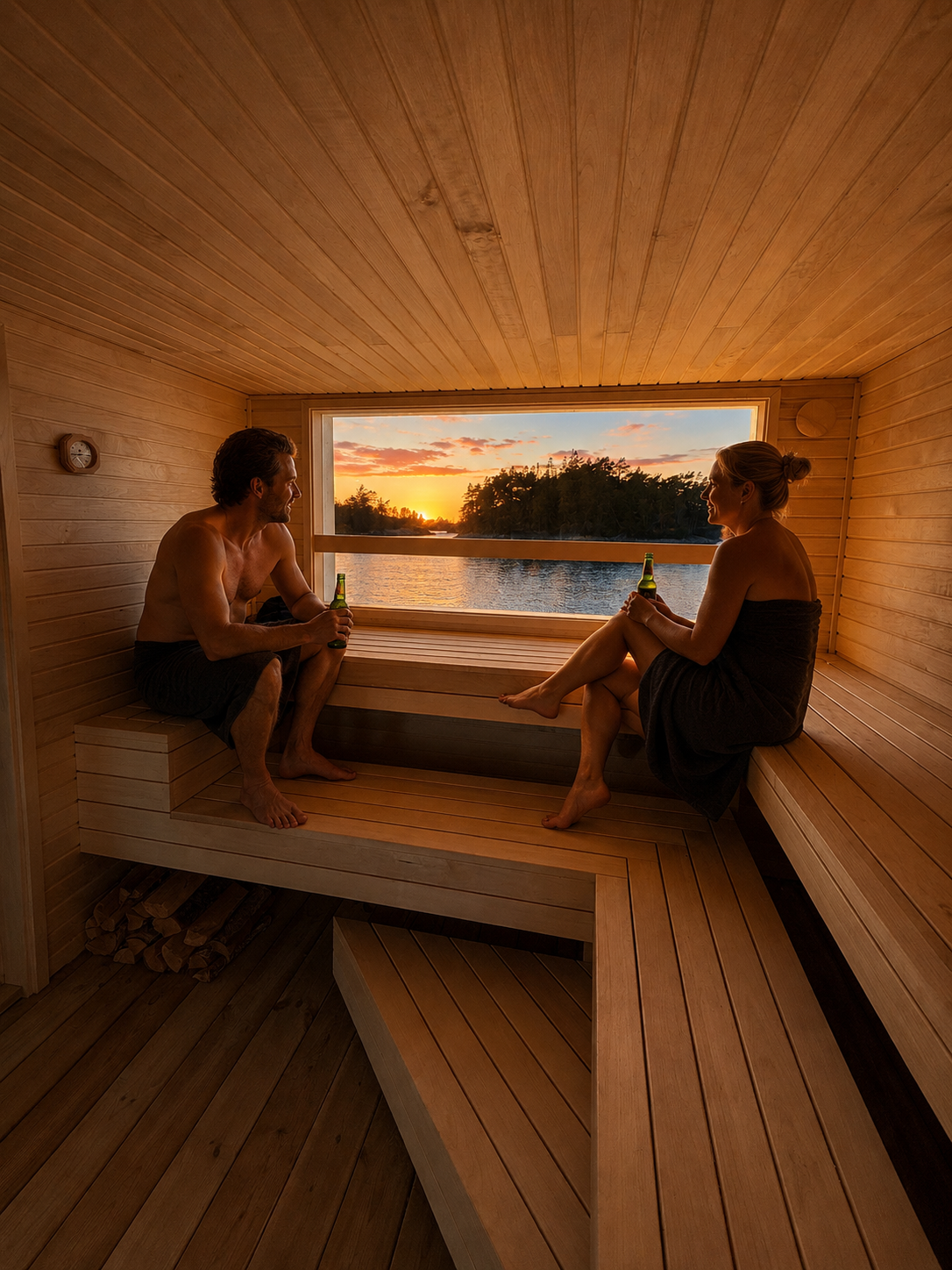 Two guests on sauna benches facing a panoramic window over the water at The Floating Sauna