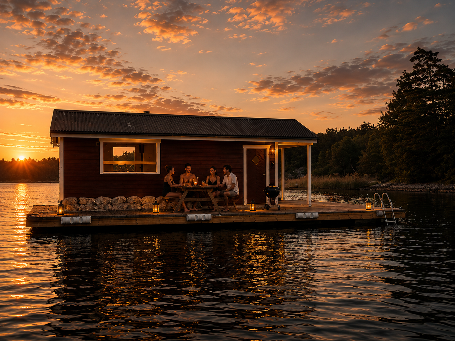 The Floating Sauna, a red sauna raft on the water at sunset in the Stockholm archipelago