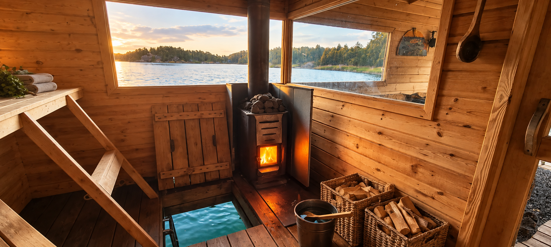 Sauna room with a wood stove, firewood baskets and a ladder down into the water through the floor