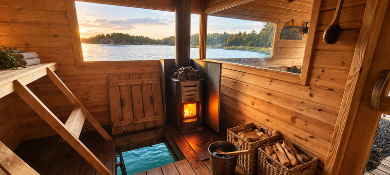 Sauna room with a wood stove, firewood baskets and a ladder down into the water through the floor