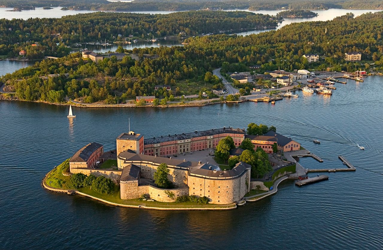 Aerial view of Vaxholm Fortress on its island, with the town of Vaxholm behind it in the Stockholm archipelago