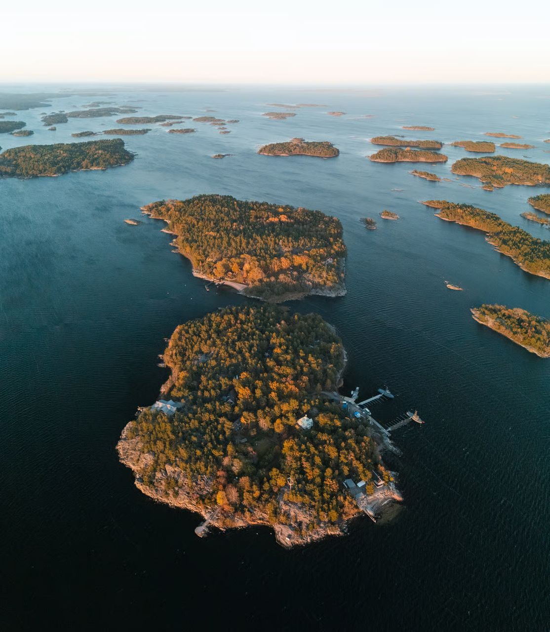 Aerial view of Idöborg and surrounding islets in the Stockholm archipelago at sunset