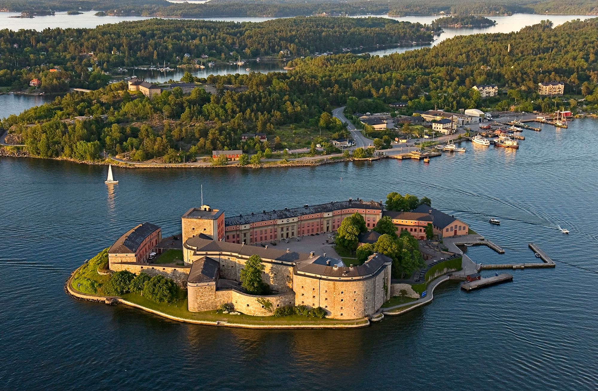 Vaxholm Fortress from above, with the town of Vaxholm across the strait