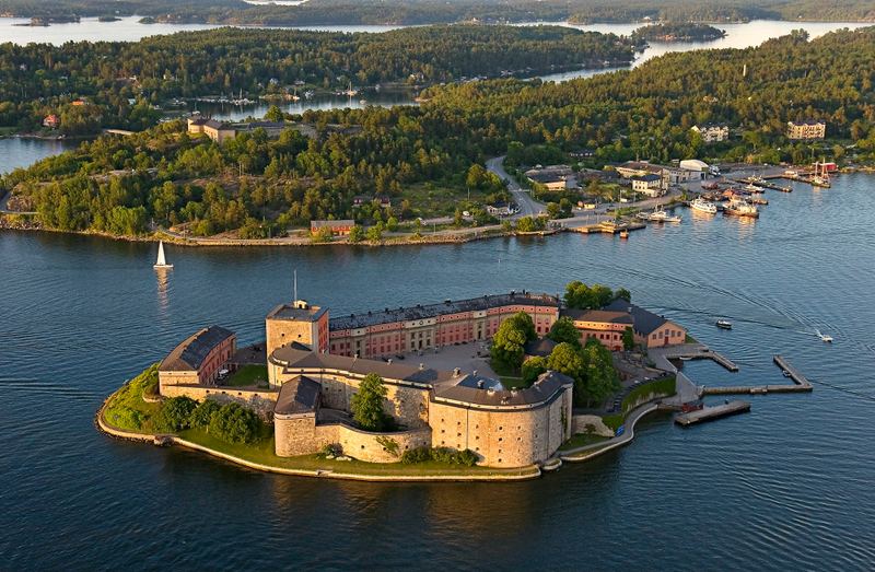 Vaxholm Fortress from above, with the town of Vaxholm across the strait