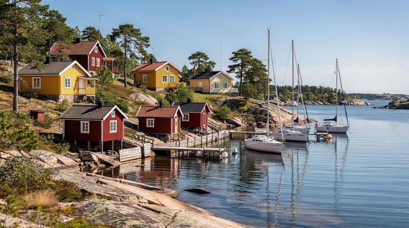 Colourful wooden houses and sailboats along the rocky shore in Vaxholm