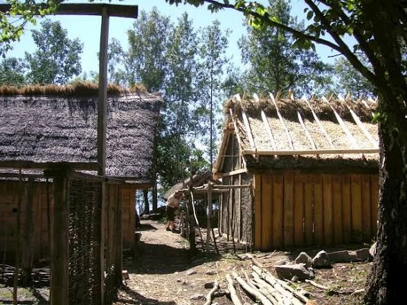 Reconstructed Viking Age houses with thatched roofs in the Viking village at Birka