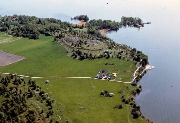 Birka from above – the open fields and wooded shoreline of Björkö in Lake Mälaren, near Stockholm