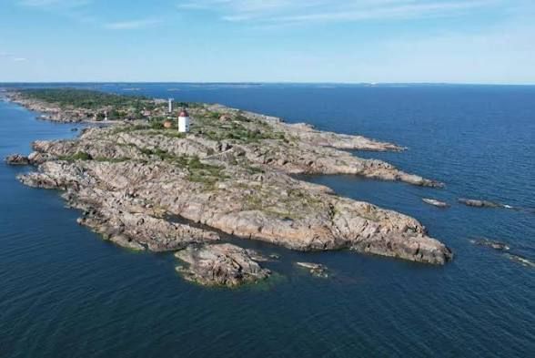 Aerial view of the rocky island of Öja with Landsort lighthouse in the Stockholm archipelago