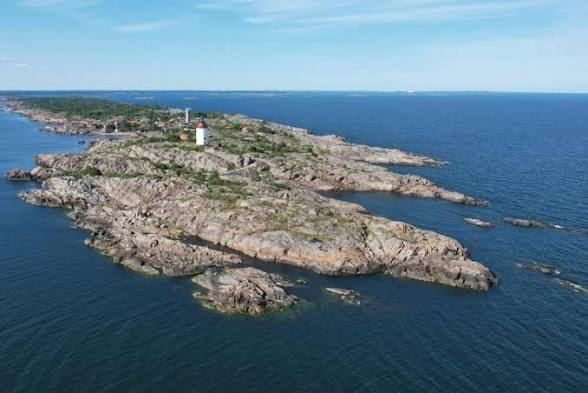 Aerial view of the rocky island of Öja with Landsort lighthouse in the Stockholm archipelago