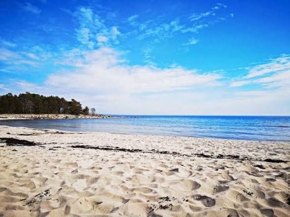 Long sandy beach under a blue sky on Nåttarö in the Stockholm archipelago